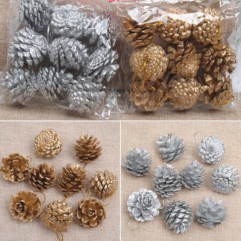 9Pcs DIY Christmas Gold Pine Cones Baubles Xmas Tree Decoration Ornament Decor
