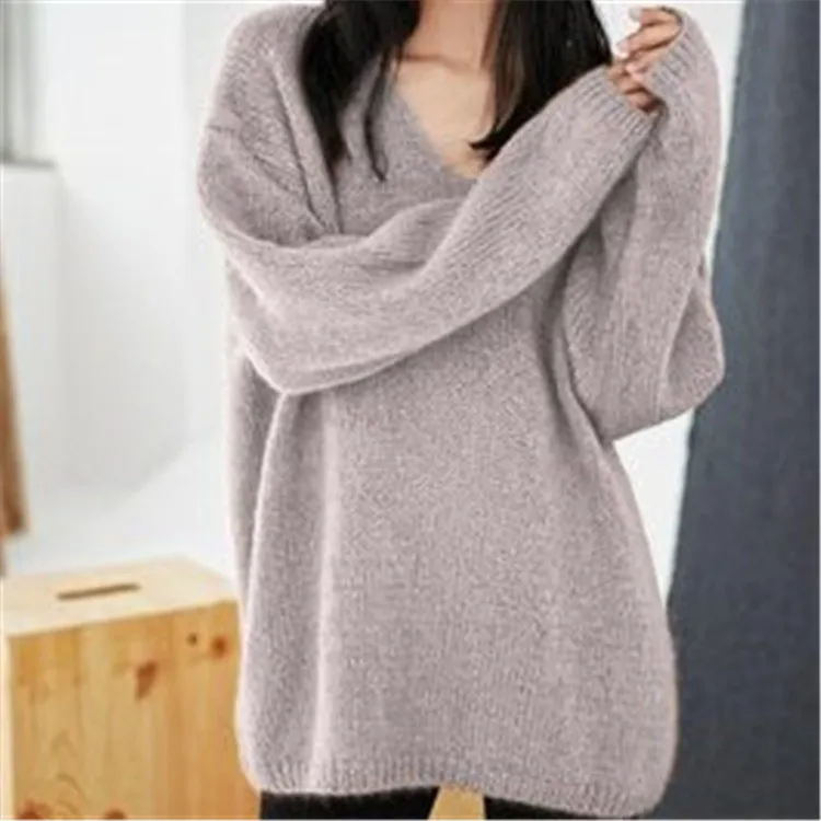  100%hand made wool Vneck knit women streetwear solid loose pullover sweater one&over size