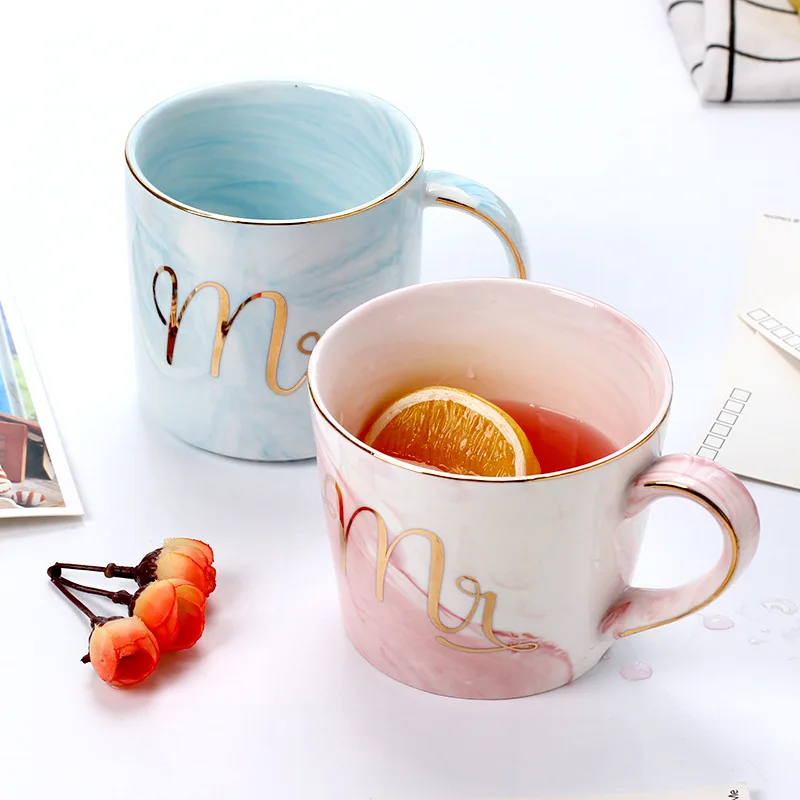 

Handpainted Gold Monogram Marble Porcelain Coffee Couple Mug Lover'S Mr And Mrs Tea Milk Cups Mugs Creative Wedding Gift