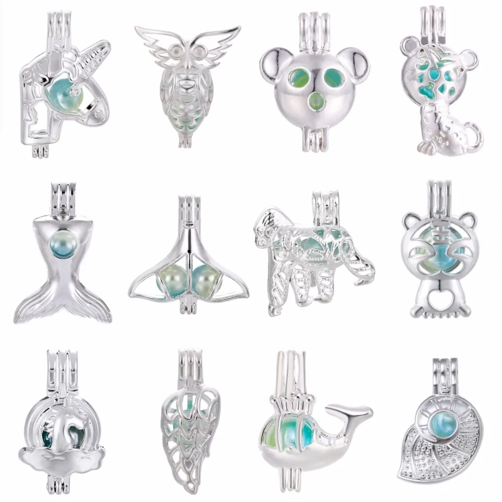 

5pcs Silver Owl Unicorn Pearl Cage Locket Essential Oil Diffuser Necklace Charms for Oyster Pearl DIY Earring Making Pendant