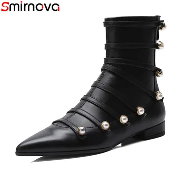

Smirnova NEW 2018 arrival women's boots rivet genuine leather ankle boots female casual black pointed toe zip flat shoes women
