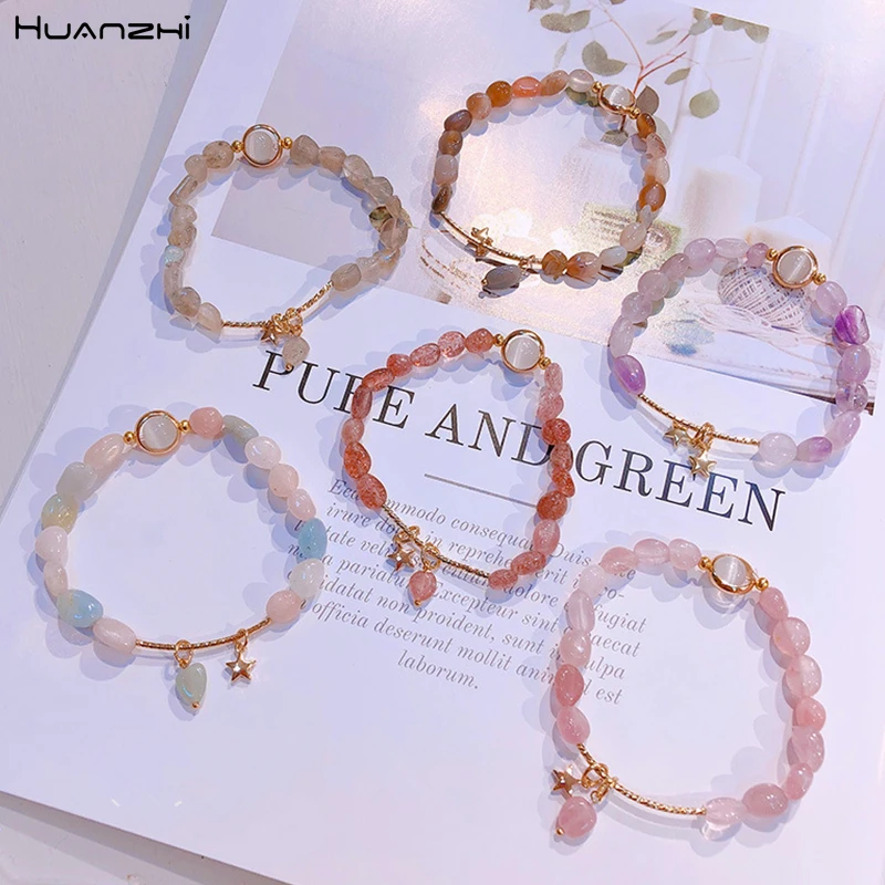 

HUANZHI 2019 New Korean Irregular Colorful Transparent Elliptical Cats-Eye Stone Opal Star Jewelry Chain for Women Girl Vacation