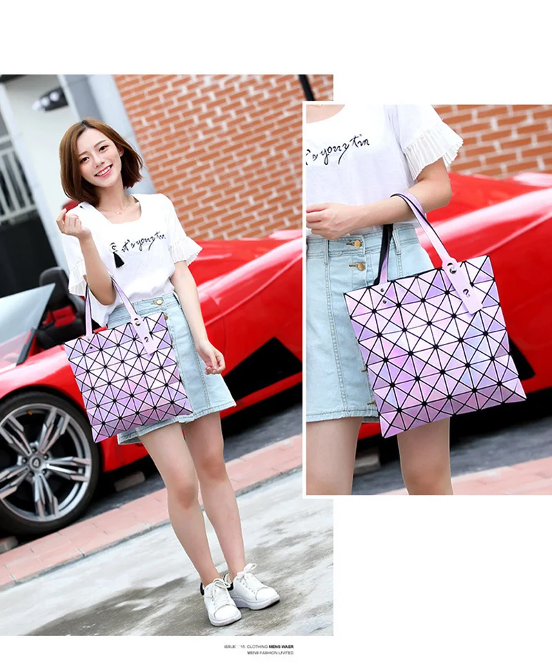 Fashion Ladies Folded Geometric Plaid Bag Women Laser Bright Casual Totes Bag Shoulder Bags Fold Over Bao Bao Handbags (9)