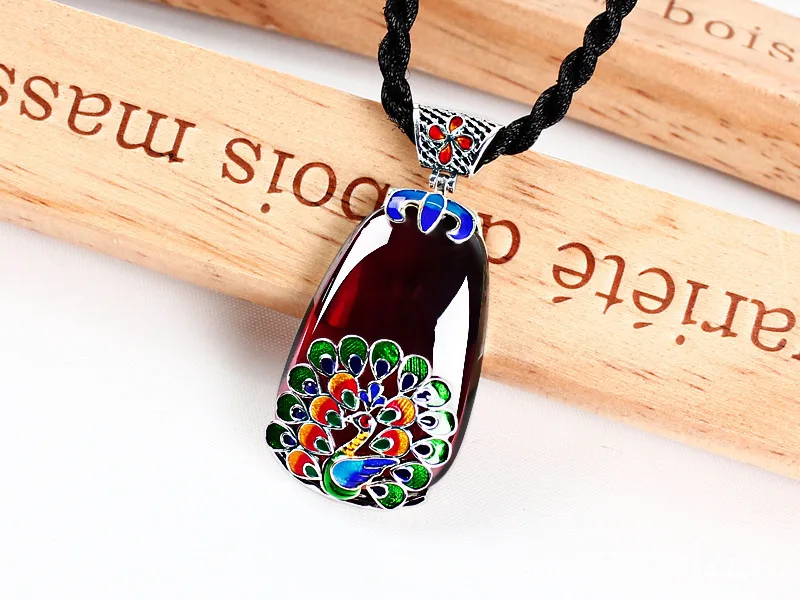 

2018 New Real Popsocket Tai Vermillion Garnet Peacock Sweater Chain Hanging Drop Pendant Female Wire Inlay Enamel Cloisonne 925