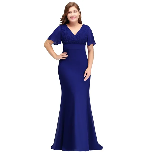 SALE Plus Size Long Red Evening Dresses Women Birthday Gift Mermaid Chiffon Party Robe Engagement Elegant V-neck Short Sleeves Royal Blue