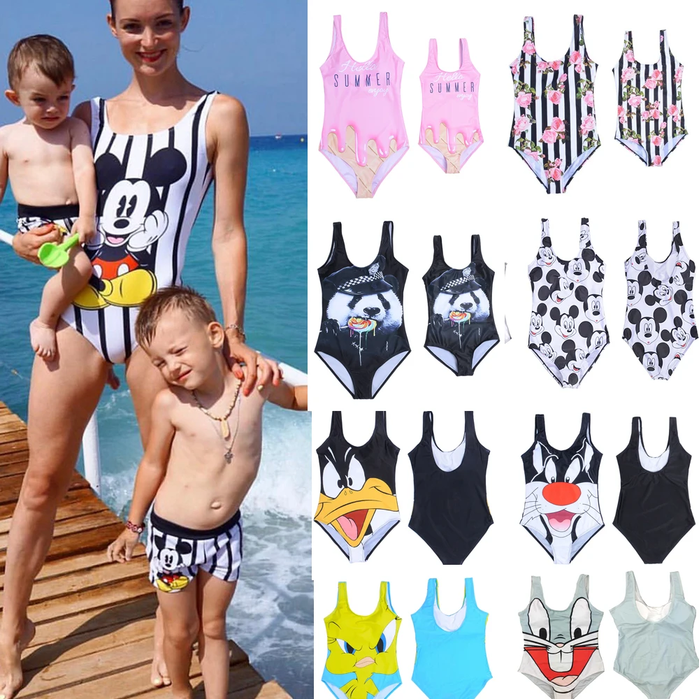 

3D Cartoon Print Swimsuit For Girls One Piece Swimwear Women Mickey Mother Daughter Swimsuits Beachwear Kids Swimwear Girl