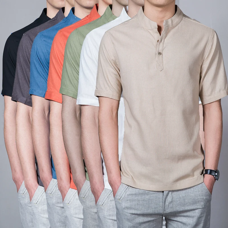 

Linen Shirts Men's High collar Short-sleeved Solid color Summer Social Shirt for Mens clothing Beige Khaki