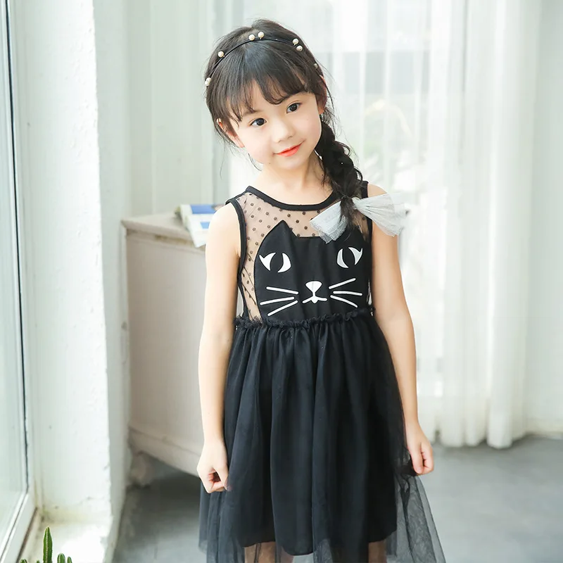 

Summer fashion Korean style new girls clothing stitching Polka Dot gauze cartoon cute cats tutu dress meow girl princess dress
