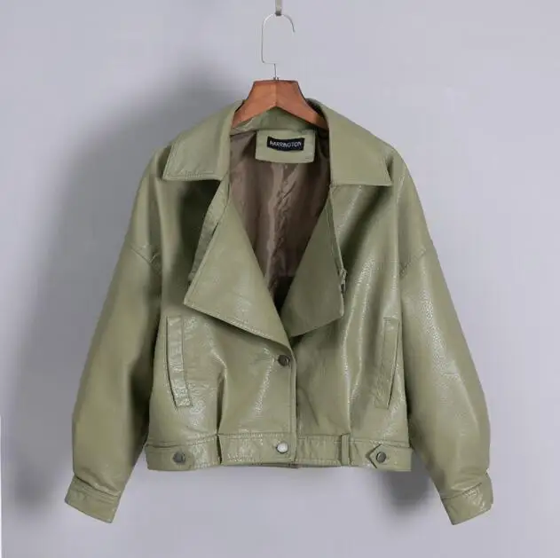 Новинка, Женская куртка из искусственной кожи с отложным воротником, повседневные Куртки из искусственной кожи, женские короткие свободные байкерские пальто, верхняя одежда - Цвет: Зеленый