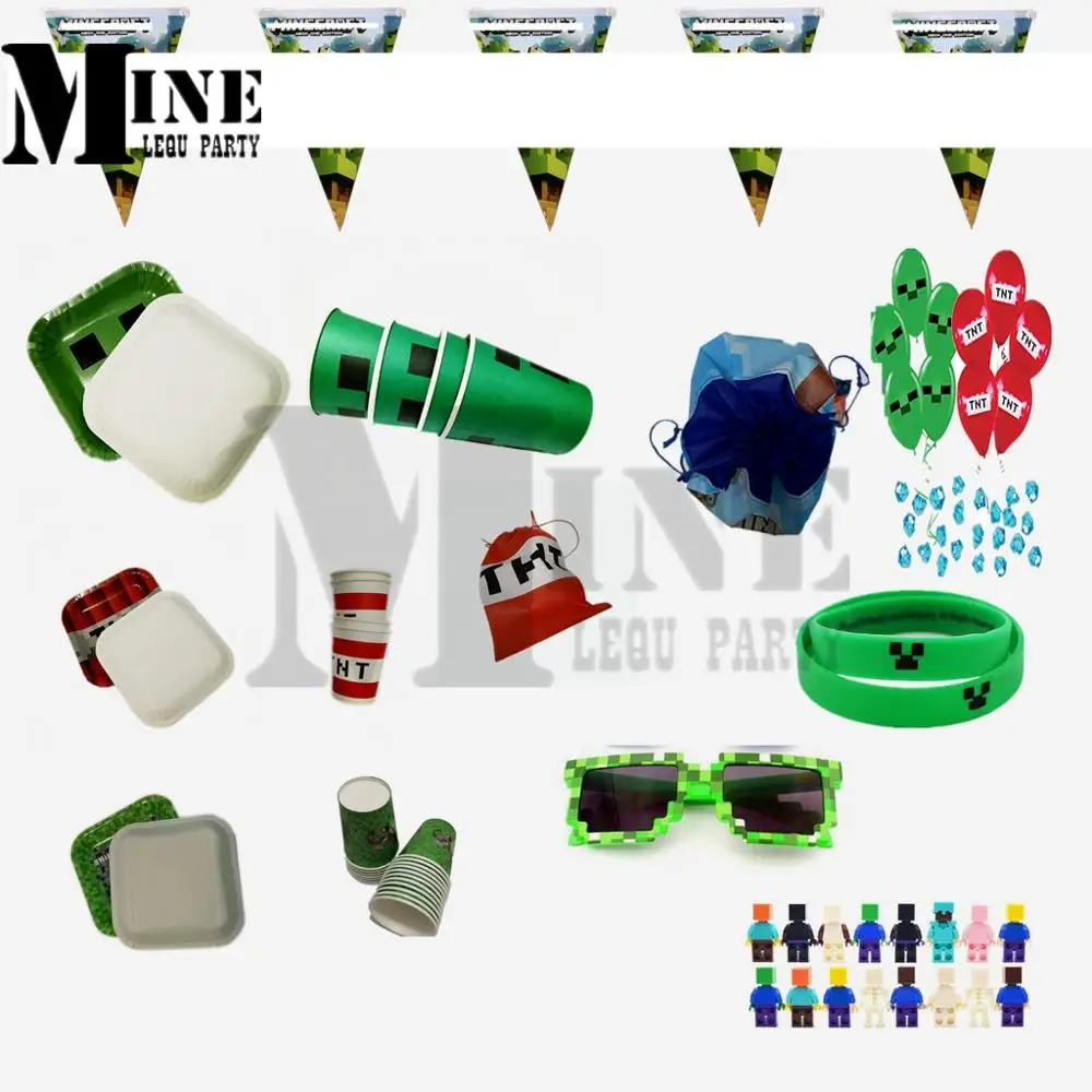 

Mining Games Craft Paper Cup Plate Bag Banner Balloon Toy Wristband Napkin Tablecover Pixel Birthday Gift Minecraft