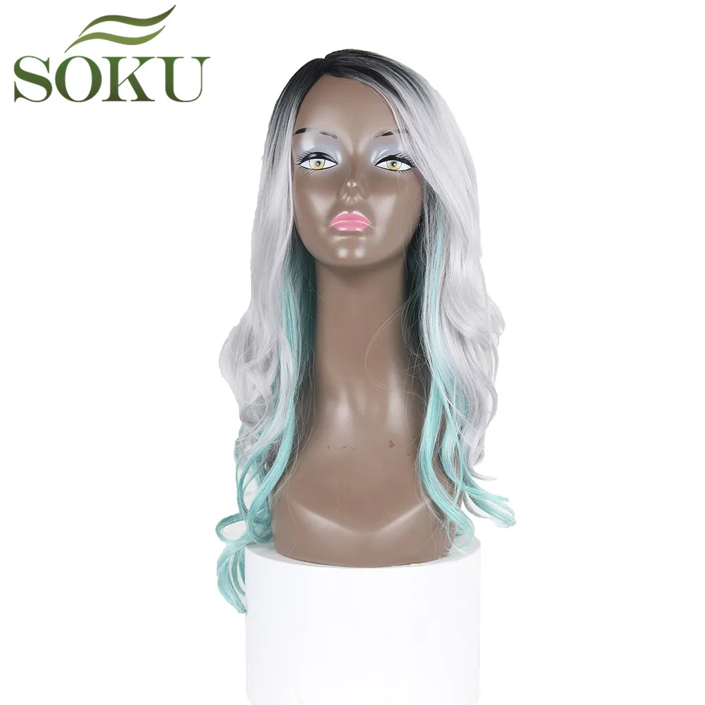 

Ombre Grey Blue Synthetic Wig With Bangs Loose Wave Side Part Long Hair Wigs For Black Women High Temperature Fiber Wigs SOKU