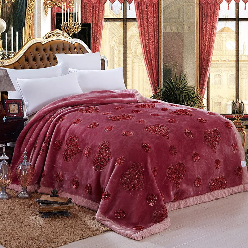 Розовое и сердце толстое пушистое Норковое одеяло Двухслойное пледы одеяло размер королевы вышитые теплые Raschel свадебное одеяло s