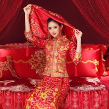 Traje Cheongsam de mujer Noble de la Antigüedad vestido de novia tradicional china vestido de novia rojo Delgado Qipao Hanfu ropa Vintage tostado ropa