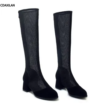 

NEW arrivals boots women breathable mesh cow suede assembly middle heel knee-high boots zipper shoes ladies girls in summer