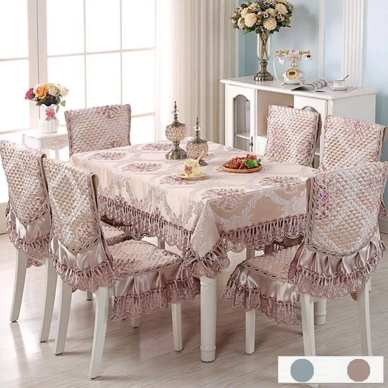 

Luxury Europe Table Cloth Satin Printed Lace Chair Cover Cushion Set Hotel Wedding Decorat Banquet Home Dinning Tablecloth Set