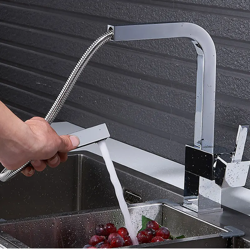 

All copper kitchen k sink hot and cold draw swivel faucet black matte brushed square mixed faucet