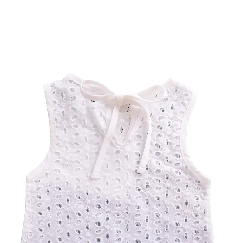 Summer New Newborn Baby Kids Girls Lace Hollow Cotton Blouse Casual Solid Color White Sleeveless Comfortable Breathable T-shirt