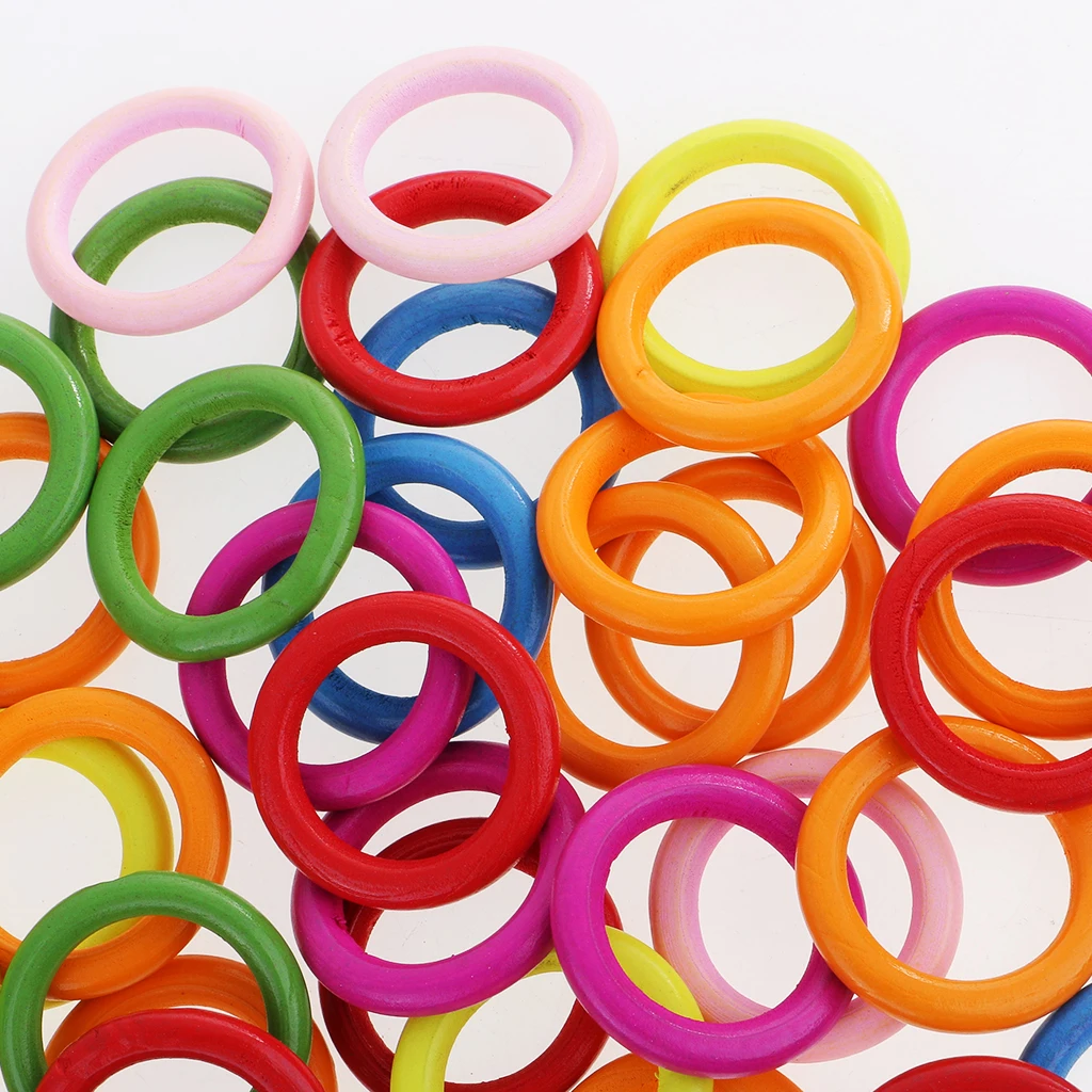 50pcs Colorful Wood Circle Ring Pendant Connectors DIY Jewelry Findings 33mm