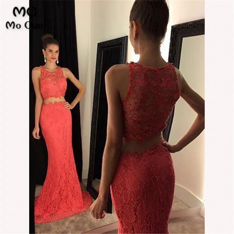 

2018 Two Pieces Gown Mermaid Evening Dresses Long with Lace Prom Dresses Prom Party Dress Illusion Evening Dress