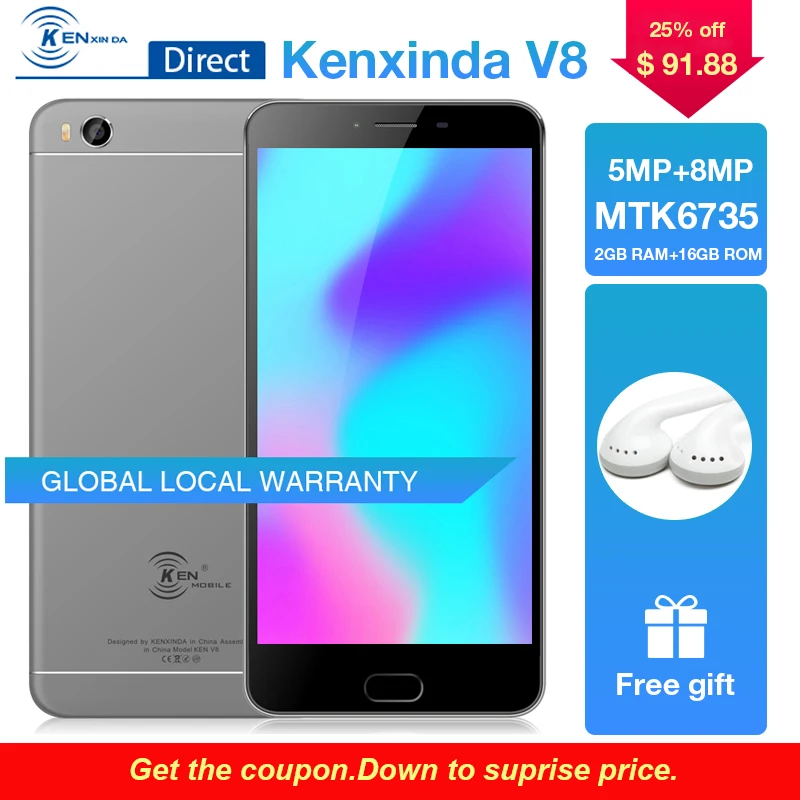 Original Kenxinda V8 4G 5.5 inch Fingerprint Mobile Phone 3000mAh Dual SIM Cards 16GB ROM Quad Core Android Smartphone+Earphone Original Kenxinda V8 4G 5.5 inch Fingerprint Mobile Phone 3000mAh Dual SIM Cards 16GB ROM Quad Core Android Smartphone+Earphone