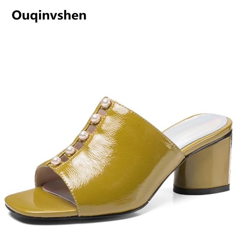 Ouqinvshen String Bead Dark Yellow Slippers Women Peep Toe Thick Classics Woman Heels Genuine 