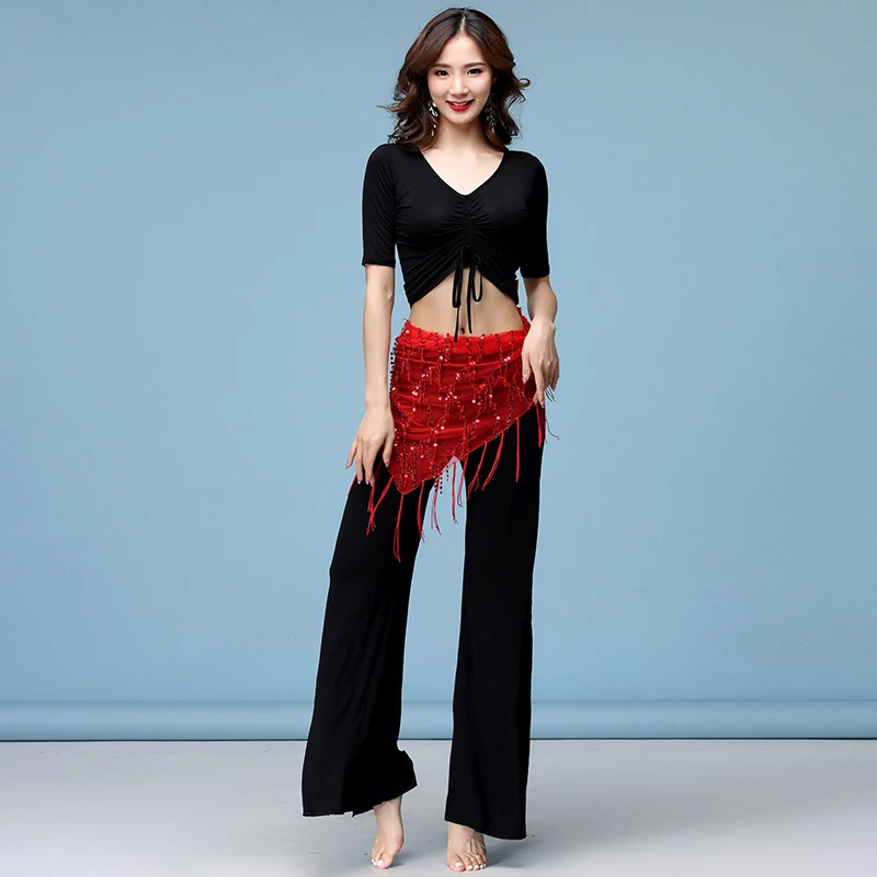 

4 Colors Women Dance Class Wear Belly Dance Costume Set Mesh Sequins Hip Scarf 3 Pieces V-neck top, long pants and belt