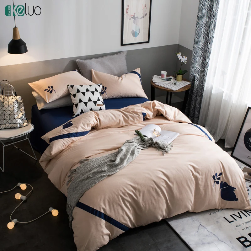 

KELUO European Embroidery Bedding Set Colour Duvet Cover Set 100% Cotton Bed Set With Flat Sheet Jade Rabbit & Blue sheets