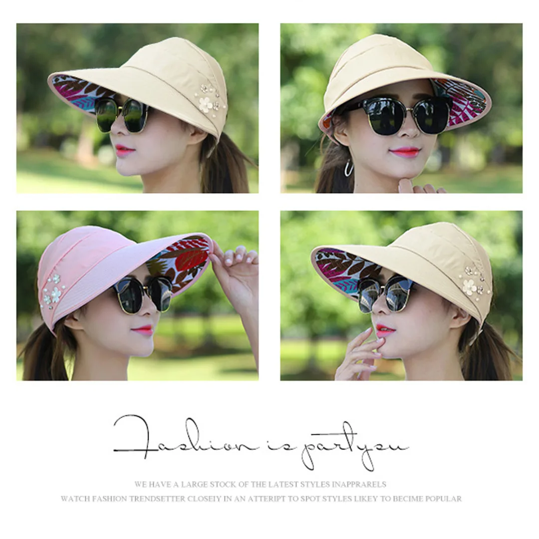 Summer Wide Brim Hat Visor Cap Foldable Fower Beach Sun Hat Women Outdoor Anti-UV hats BBYES