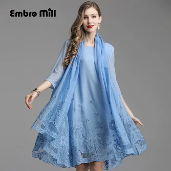 

spring summer Fame style embroidery Ruffle Retro o-neck women dress noble flower elegant lady Two-piece set dress L-5XL