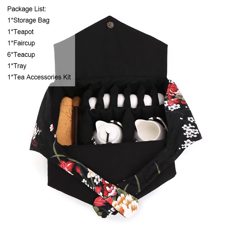 Японский стиль портативный дорожный чайный набор кунг-фу набор чайный горшок чайная чашка поднос чайные аксессуары с винтажной печатью сумка для хранения ручная сумка - Цвет: I