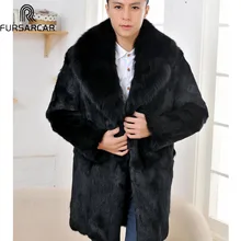 Новинка, черное пальто,, роскошное, настоящая кожа, кроличий мех, пальто с меховым воротником, теплое, зимнее, длинное, мужское, кроличий мех