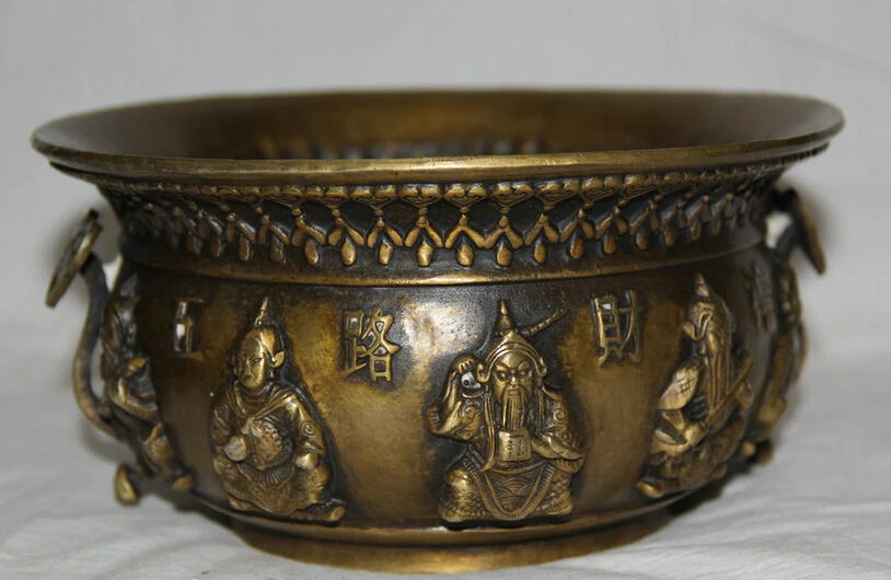 

Collectible bronze S1747 8" Marked Chinese Copper Five Mammon God treasure bowl Incense Burner Censer