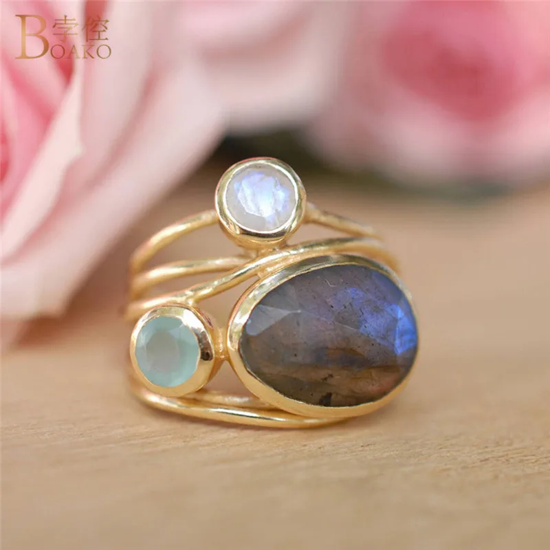 

BOAKO Big Crystal Oval Moonstone Ring Gold Color Natural Stone Women Rings Wedding Engagement Ring Vintage Party Jewelry anillos