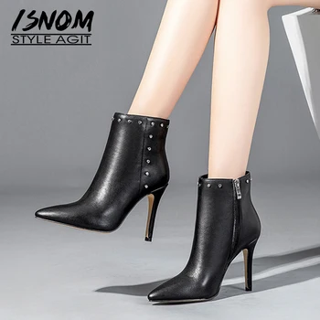 

ISNOM Genuine Leather Women Ankle Boots Zip Pointed Toe Footwear High Heels Female Boot Party Rivet Shoes Woman Winter 2018 New