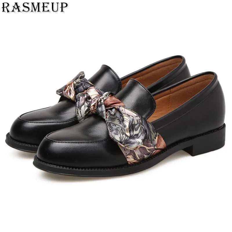 

RASMEUP Genuine Leather Women's Loafers 2018 Fashion Satin Bow Slip On Women Flats Soft Comfortable Moccasins Woman Casual Shoes