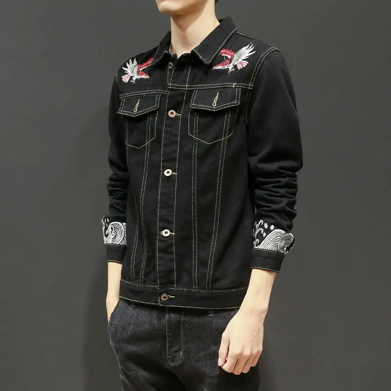 New Fashion Men's Denim Jacket Embroidery Letter Jacket Coat Slim Fit Pocket Decoration Cowboy Jacket New Fashion Men's Denim Jacket Embroidery Letter Jacket Coat Slim Fit Pocket Decoration Cowboy Jacket