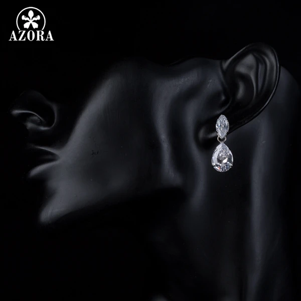 AZORA Exclusive Fashion Design With 2pcs Top AAA+ Clear Cubic Water Drop Earrings TE0133