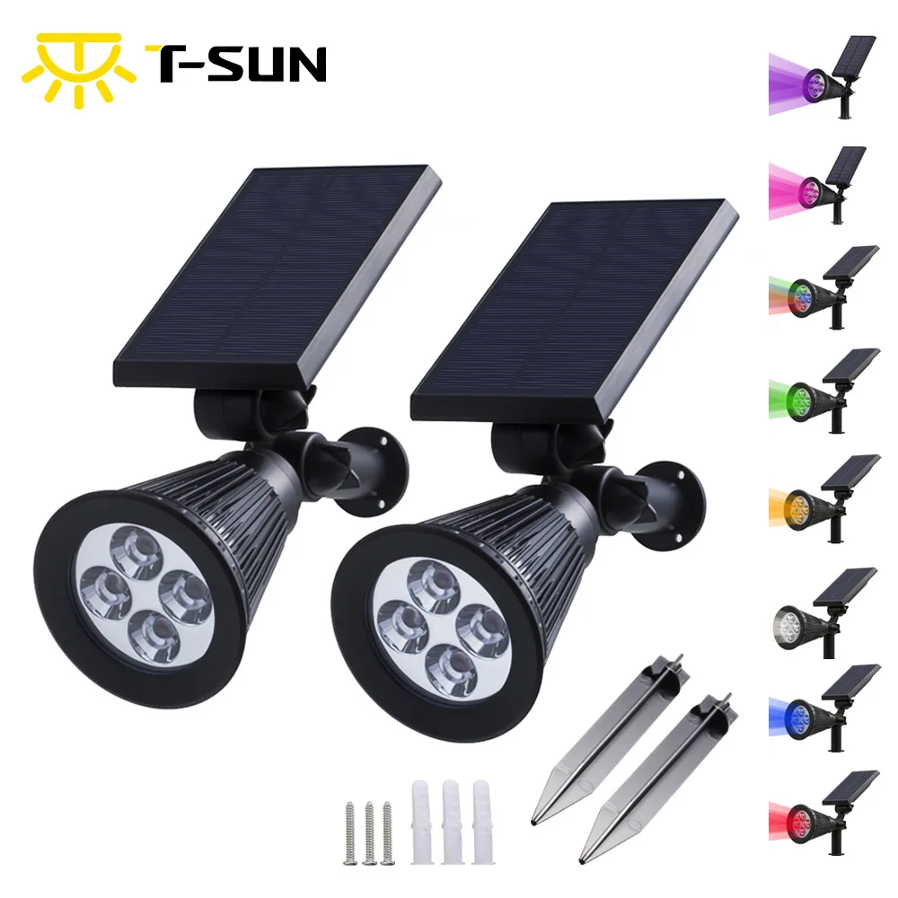 T-SUN 2PCS Solar Powered Spotlight Outdoor Lighting Solar Light 2-in-1 Adjustable 4 LED Solar Lamp Waterproof For Garden Fence