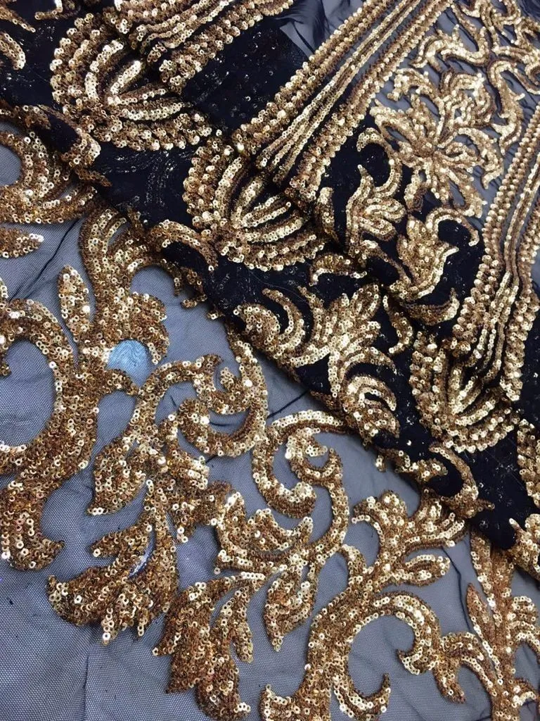 

2019 high quality sequence French Nigerian gold line sequins net African tulle mesh sequence lace fabric for dress 5yards/lot