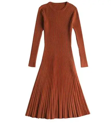 Зимнее платье-свитер, Женский вязаный тонкий пуловер, одежда, свитер с круглым вырезом, женское длинное платье с длинным рукавом, теплое женское платье - Цвет: Коричневый