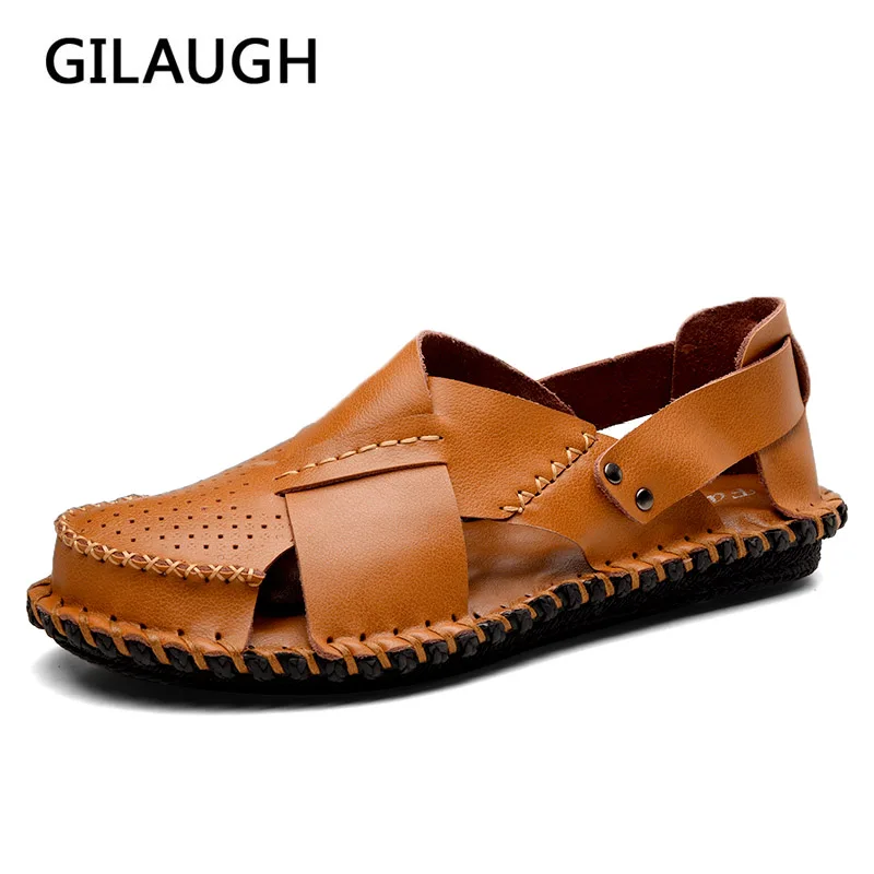 

GILAUGH 2018 Summer Fashion Men Sandals Simple Style Handmade Sewing Leather Casual Shoes Beach Breathable Sandals