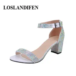 LOSLANDIFEN обувь Для женщин кристалл вышивка сандалии квадратный каблук Пряжка на щиколотке ручной работы Свадебная вечеринка Летняя обувь Femme