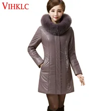 Европейская зимняя женская модная кожаная куртка, высокое качество, элегантная, большой размер, длинная, однотонная, меховой воротник, утолщенное пальто A37