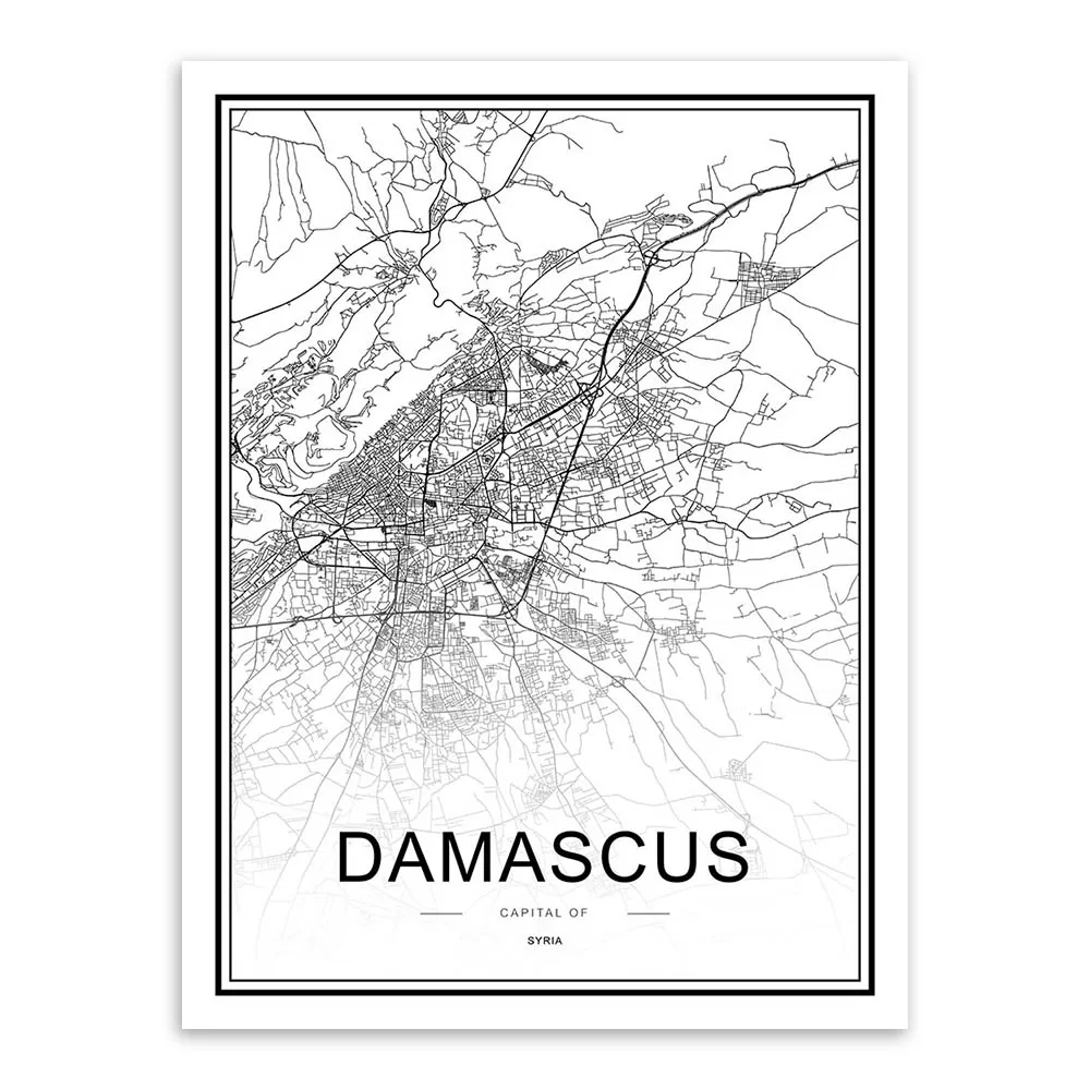 Черно-белая карта городов мира Лас-Вегаса, Toronto, постеры, принты, скандинавские, для гостиной, домашнего декора, настенные художественные картины, картины на холсте - Цвет: DAMASCUS