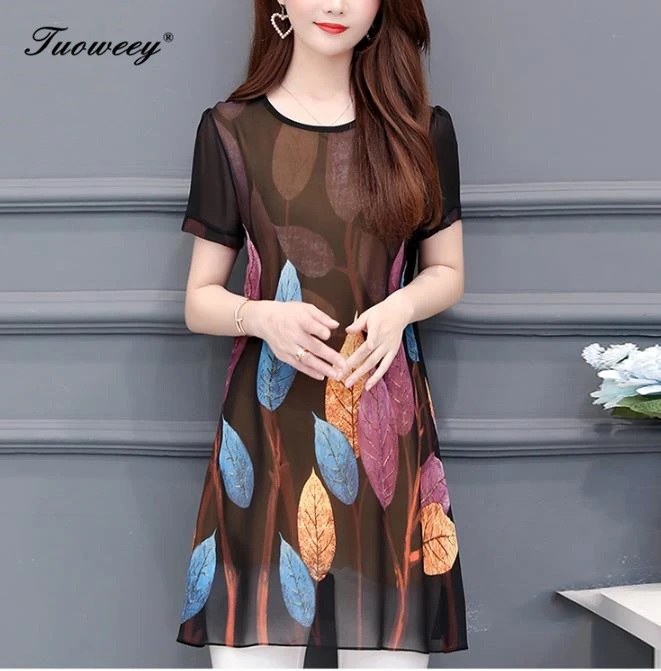 

2019 Fashion short sleeve elegant lady long shirt women blouse floral printing chiffon blouse tops women's clothing blusas 5XL