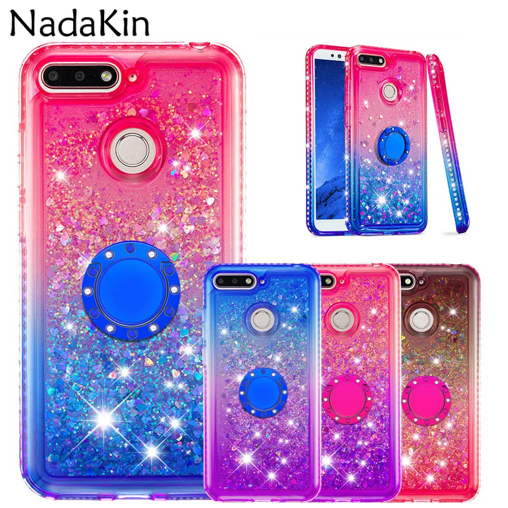 

Gradient Quicksand TPU Silicone Back Case for Huawei Honor 7A Pro Cover With Finger Ring Stand Diamond Border for Y6 Prime 2018
