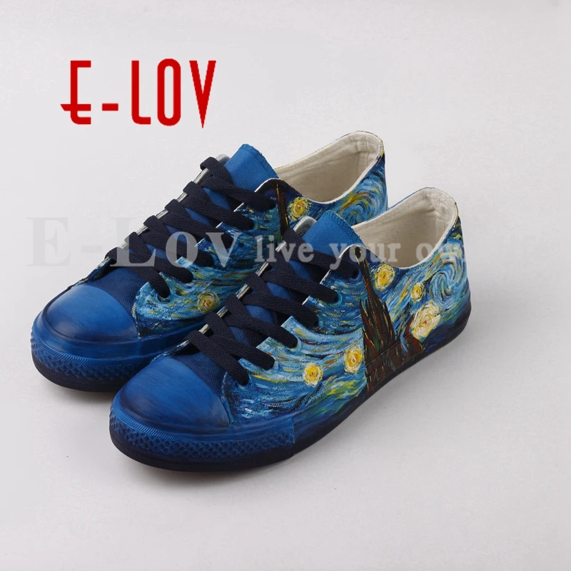 

E-LOV Hand Painted Famous Artwork Starry Night Canvas Shoes High End Customized Low Top Canvas Casual Shoe Zapatos Hombre
