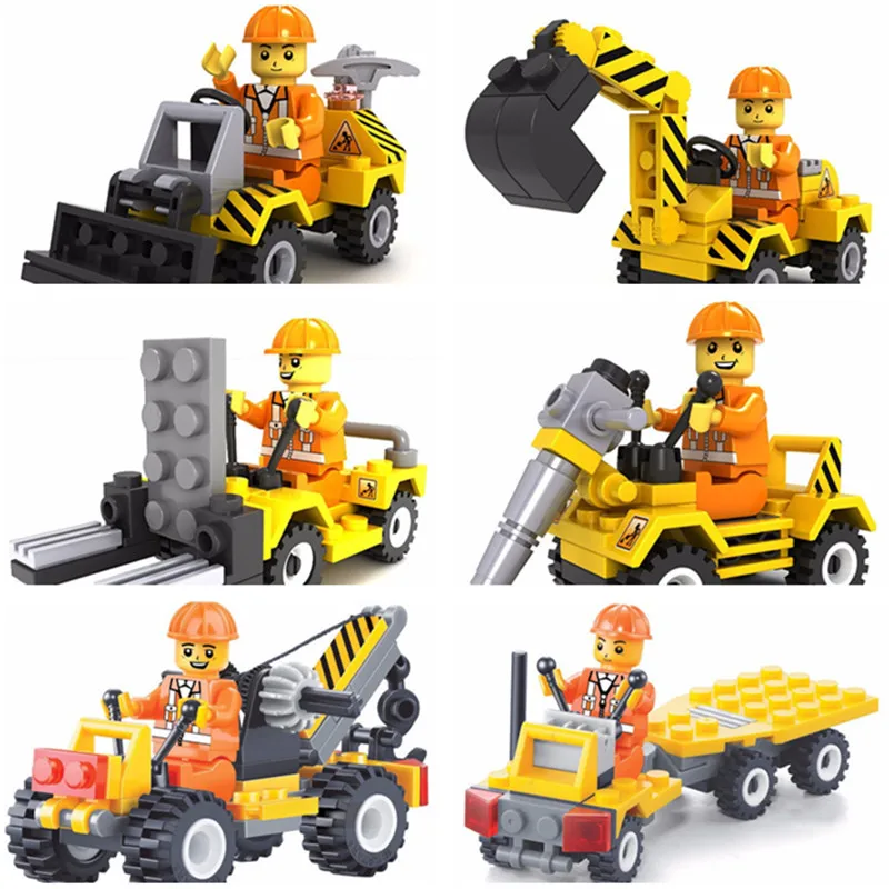 

6pcs Diy Construction Figures Crane Trailer Car Model Building Blocks Enlighten Compatible With Legoing Bricks Toys For Children