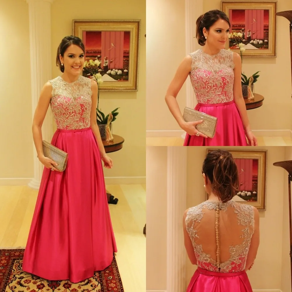 Elegant Hot Pink Gold Beaded Bodice Jewel Neck S line Long Prom Dresses