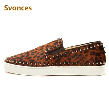 

Leopard Rivets Casual Mens Shoes Luxury Spikes Brown Suede Leather Flats Platform Loafers Shoes Man Brand Zapatillas Plus Size47